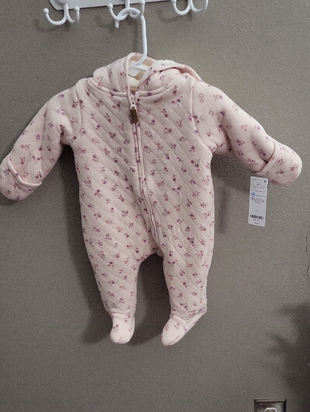Carter's Quilted Light Pink Floral Hooded Footed One-Piece